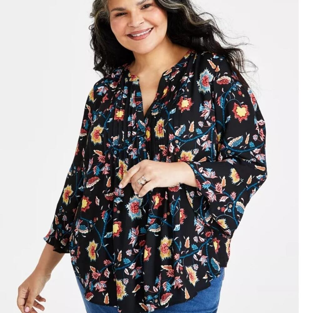 Style & Co Printed Pintuck Top Womens Size 2X Black Floral Bell Sleeve Blouse